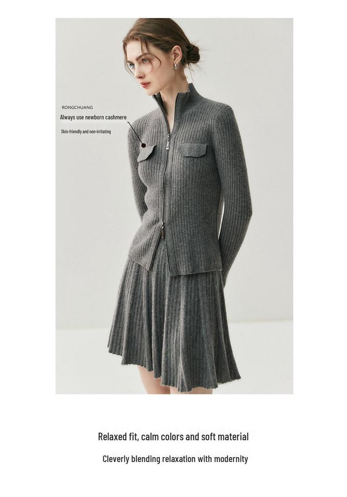 Korean Style Women's Cashmere Knit Cardigan - Slim Fit with Zipper Lapel and Long Sleeves for Versatile Wear