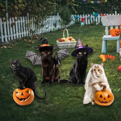 4Pcs Cat Statues Garden Stakes Animal Sculptures Halloween Decorations Metal Kitty Figurines Ground