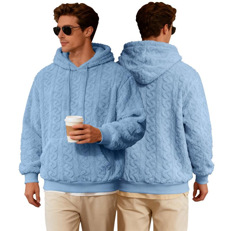 Men S Winter Hooded Fleece Sweatshirt Loose Fit Jacquard Pattern S синий