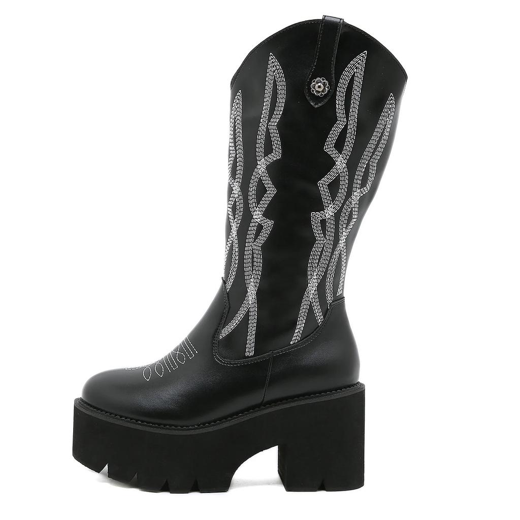 Fashion New Embroidered Sleeve Round Toe Western Boots One Foot Cavalier Boots Thick Bottom Waterproof Platform Knee Women's Boots
