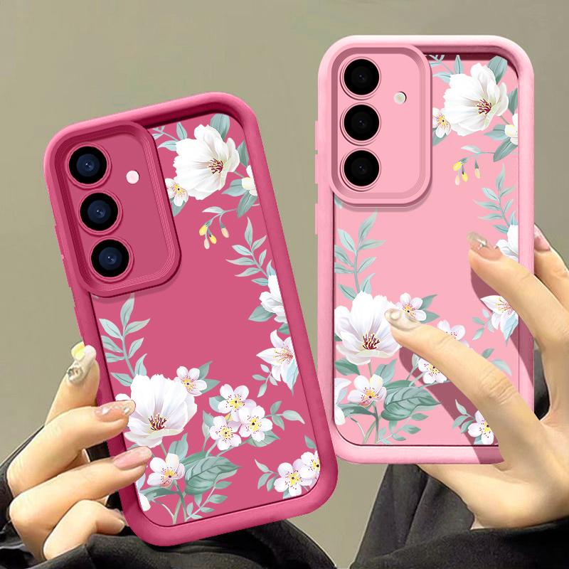 White Flower Pattern Matte TPU Soft Phone Case For Samsung S25 Plus S24 FE S23 Ultra S22 A56 A36 A16 A15 A55 A06 A05 A35 A34 Shockproof Bumper Cover