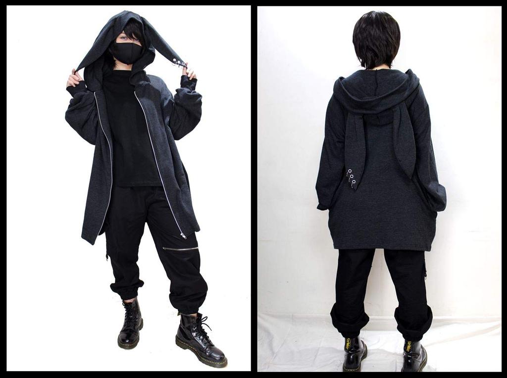 ROSEATE Rabbit Ear Hoodie with Pierced Soft Long Made in and Rabbit Ears, Zip-Up Hoodie, Lightweight, Length, Japan, Men's Women's, (Black)