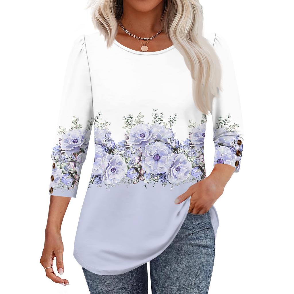 Women's Fashion Casual Vintage Floral Print Round Neck Sevenfold Sleeve T-shirt Top