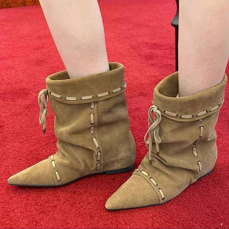 Fashion 2025 Autumn Suede Leather Pleated Ankle Boots Women Pointed Toe Slip On Western Cowboy Boots Fashion Short Chelsea Botas Mujer