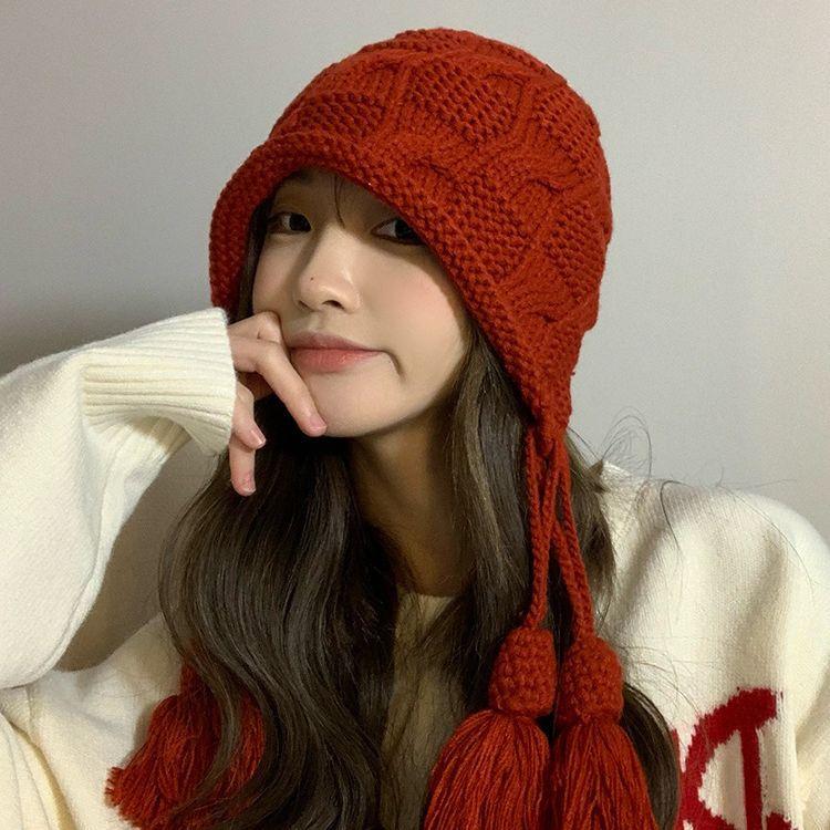 Autumn and Winter New Tassel Pendant Knitted Hat Red Thin Cute Wool Hat Street Warm Windproof Ear Hat