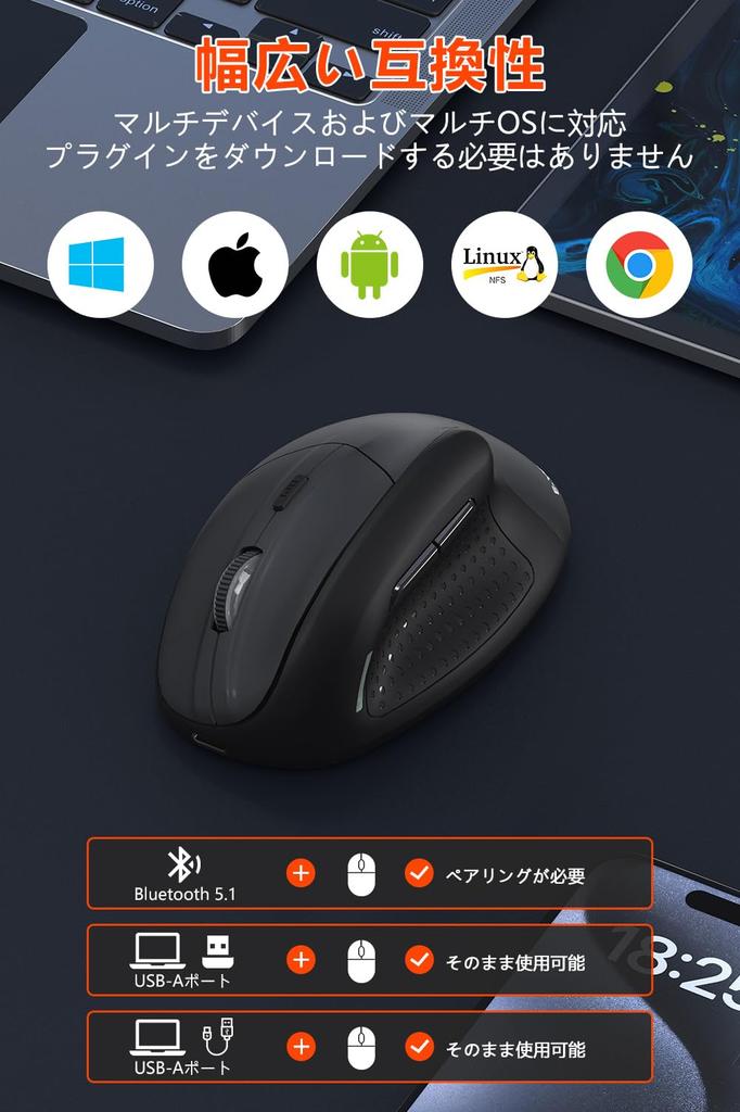 Ergonomic Bluetooth Wireless Vertical Bluetooth 4800 6 Ergonomic Compatible with No Hand Fatigue Mouse, Type, 5.1+, 2.4G+, Wired, 3-Mode Connection,