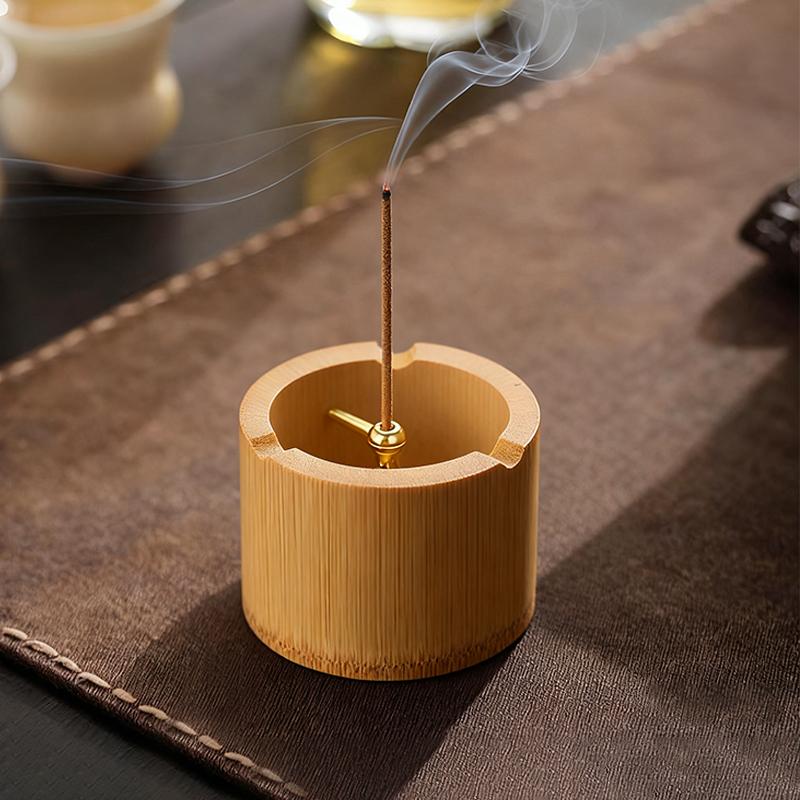 Natural Bamboo Incense Burner Metal Cord Lock Incense Holder with Bamboo Ash Catcher for Home Decor Yoga Meditation
