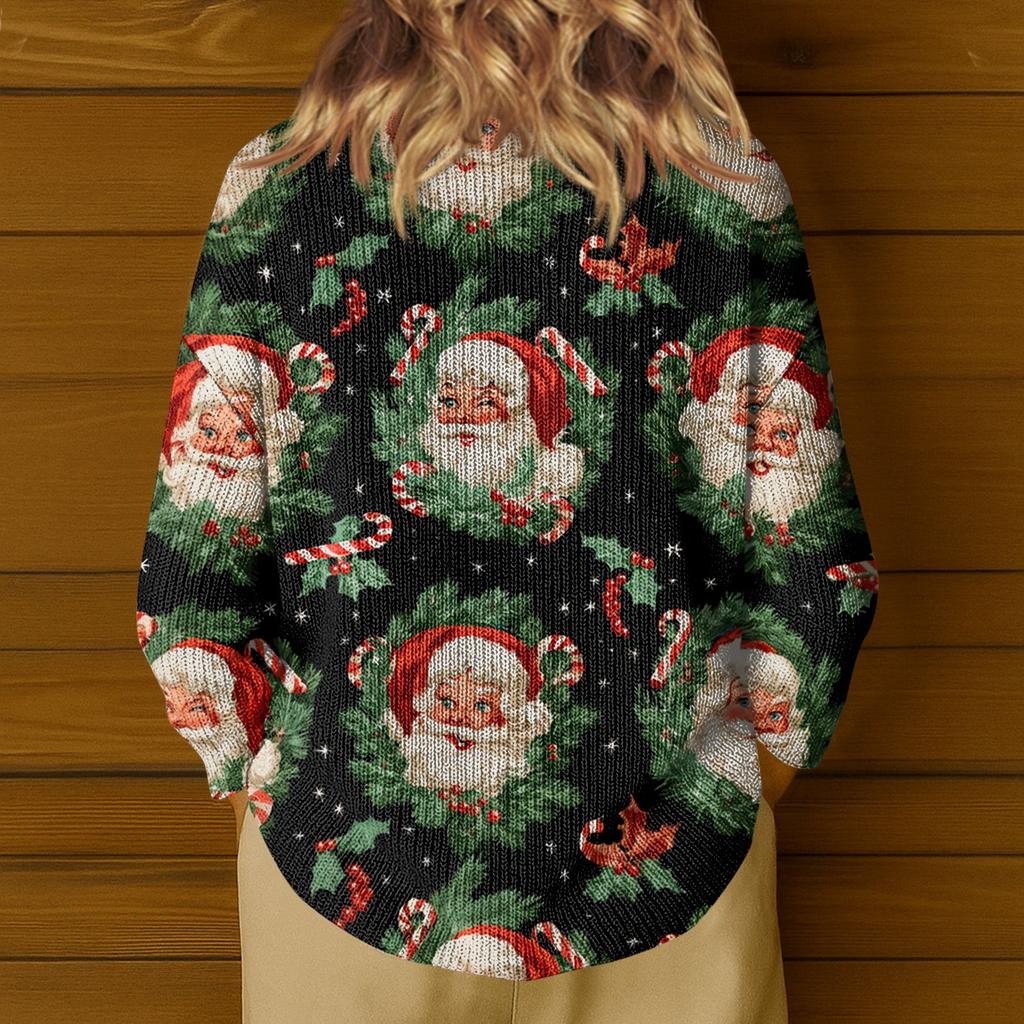 Women's Casual V-Neck Long Sleeve Knitted Christmas Print Pullover