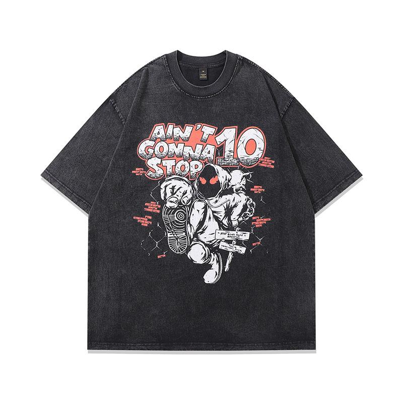 Harajuku Retro Japanese Two-Dimensional Cartoon Printing Washed And Old Heavy Cotton Short-Sleeved T-Shirt Trendy Men And Women