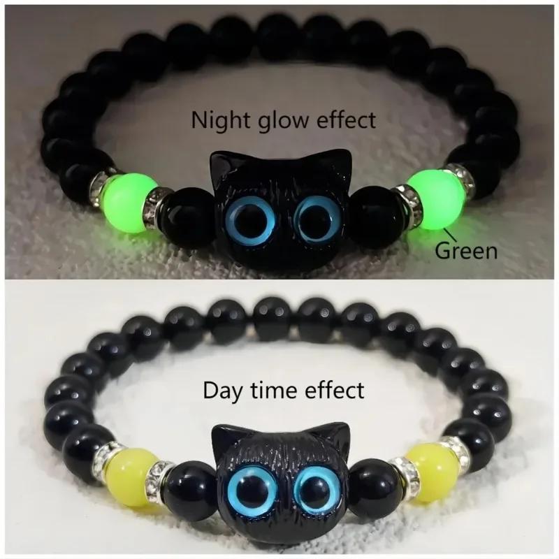 Matching Bracelets Couples Women Men Luminous Cute Cat Friendship Bracelete Black White Cat Head Bangles Glow In The Dark Gift