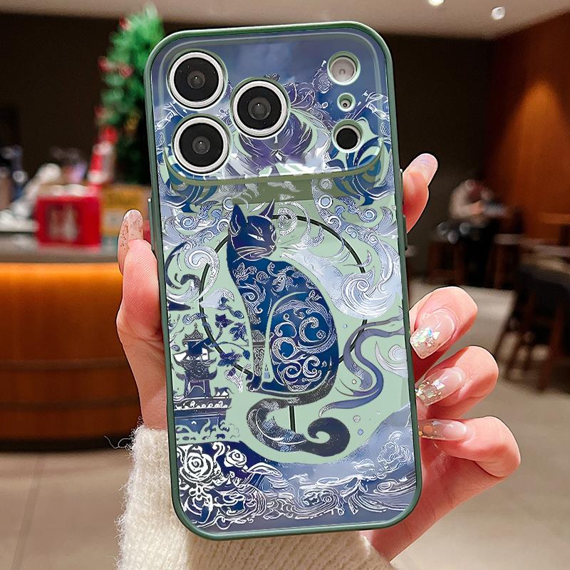 Blue Ink Cat Magnetic Phone Case For iPhone 17 Pro Max 16 15 14 13 Pro Max For Magsafe Wireless Charge Matte Hard PC Back Cover
