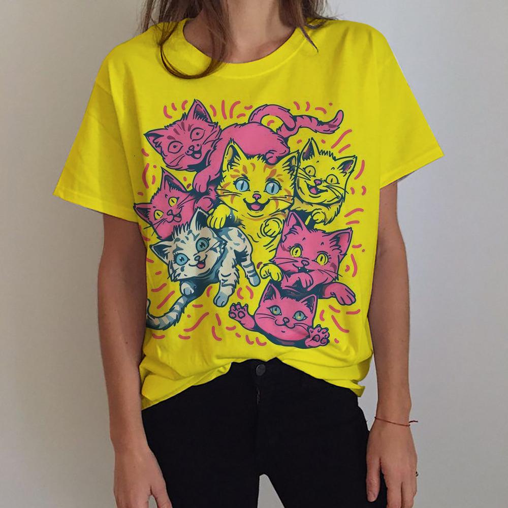 3D Printed Women's Flower T-shirt with Cat Pattern Short Sleeve Summer Fashion Street Round Neck T-shirt Top Loose Harajuku T-sh
