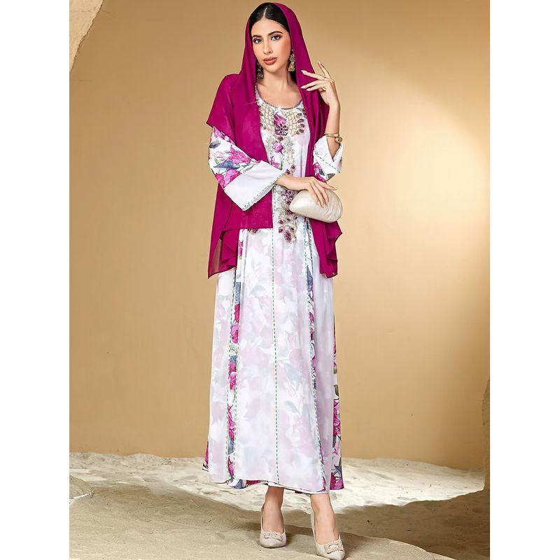 New Middle East Robe Loose Print Handmade Seam Drill Dress Hand Sewn Diamond Dress