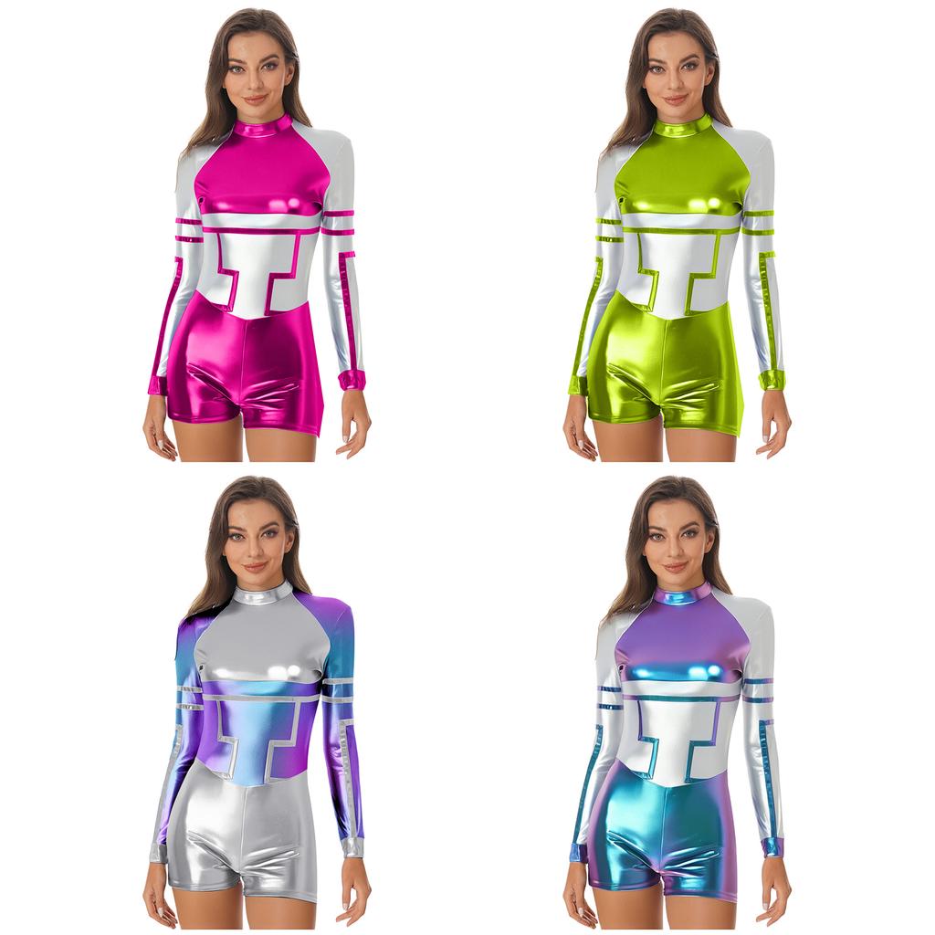 Combinaison Halloween Alien Robot pour Femme S-3XL Métallique Brillant Couleur Contrastante Manches Longues Fermeture Éclair Dorsale Combinaison pour Fête Thème Astronaute Espace