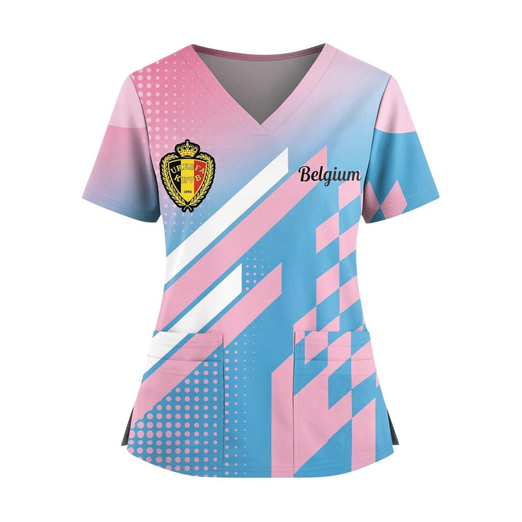 Women's V-Neck Short Sleeve Work Top with Pockets and Side Slits, Soccer Flag Print