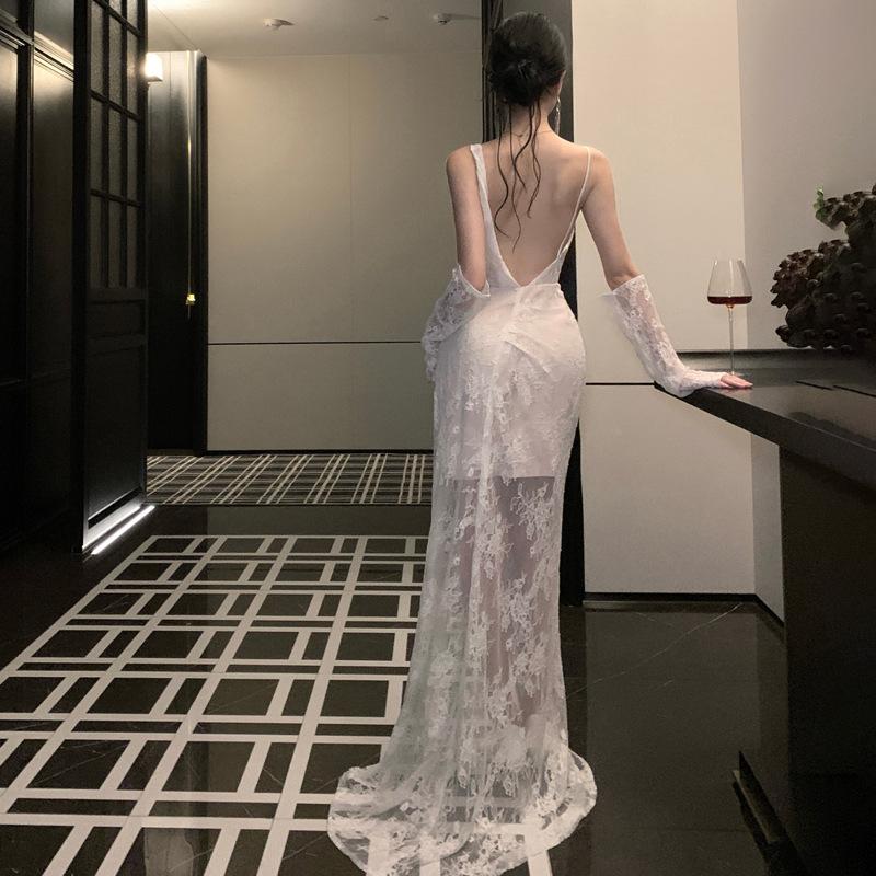 Vintage Light Wedding Dress Lace Mori Suspender Bridal Morning Robe Women's Engagement Banquet Birthday Dress Fishtail Go Out Gauze Skirt