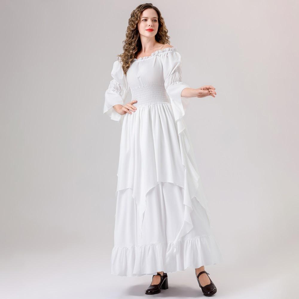 Middle Ages Renaissance off shoulder long dress, flowing flared sleeve dress with ruffles, women's retro court attire