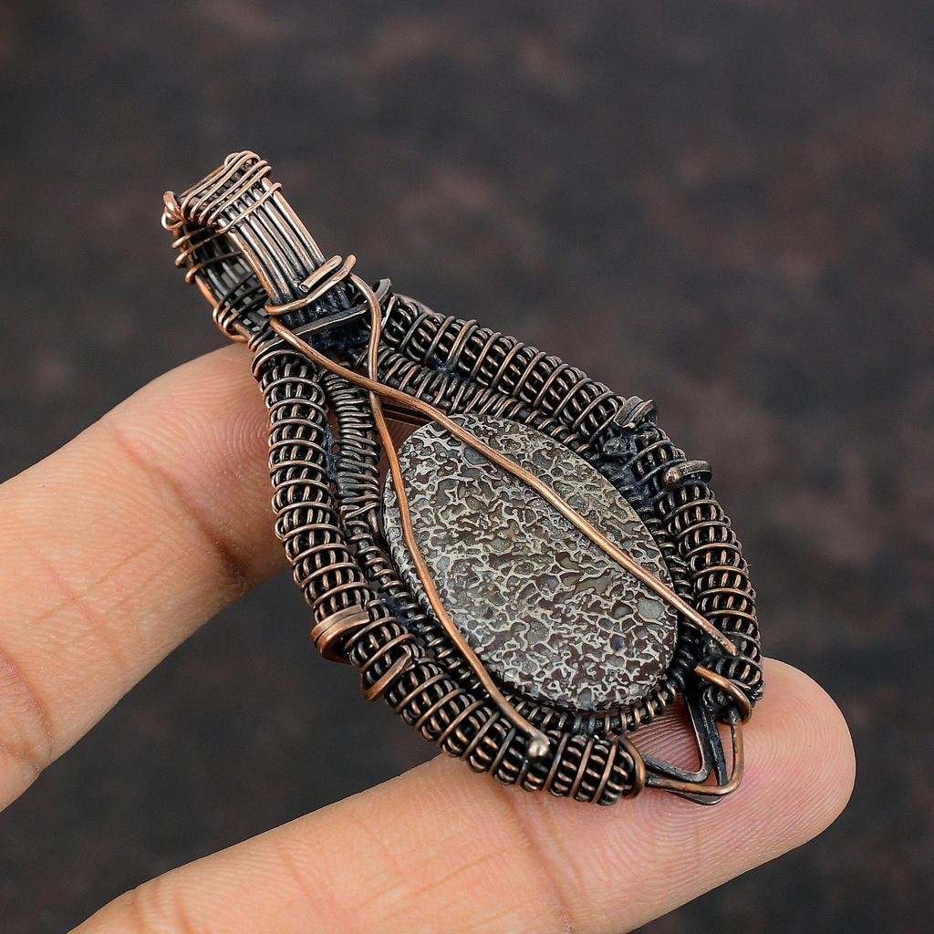 Dinosaur Bone Pendant Copper Wire Wrapped Pendant Gemstone Jewelry Rainbow Moonstone Pendant Handmade Wire Wrapping Jewelry Gift For Mom