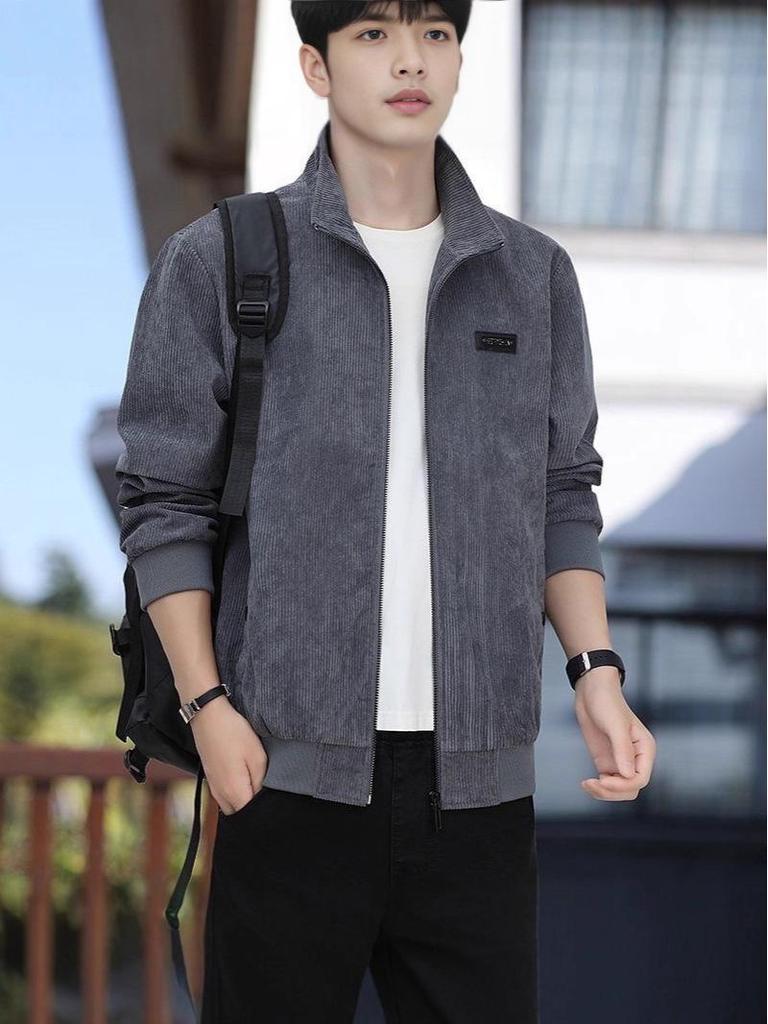 Men's Trendy Korean Style Slim Fit Corduroy Jacket with Stand Collar
