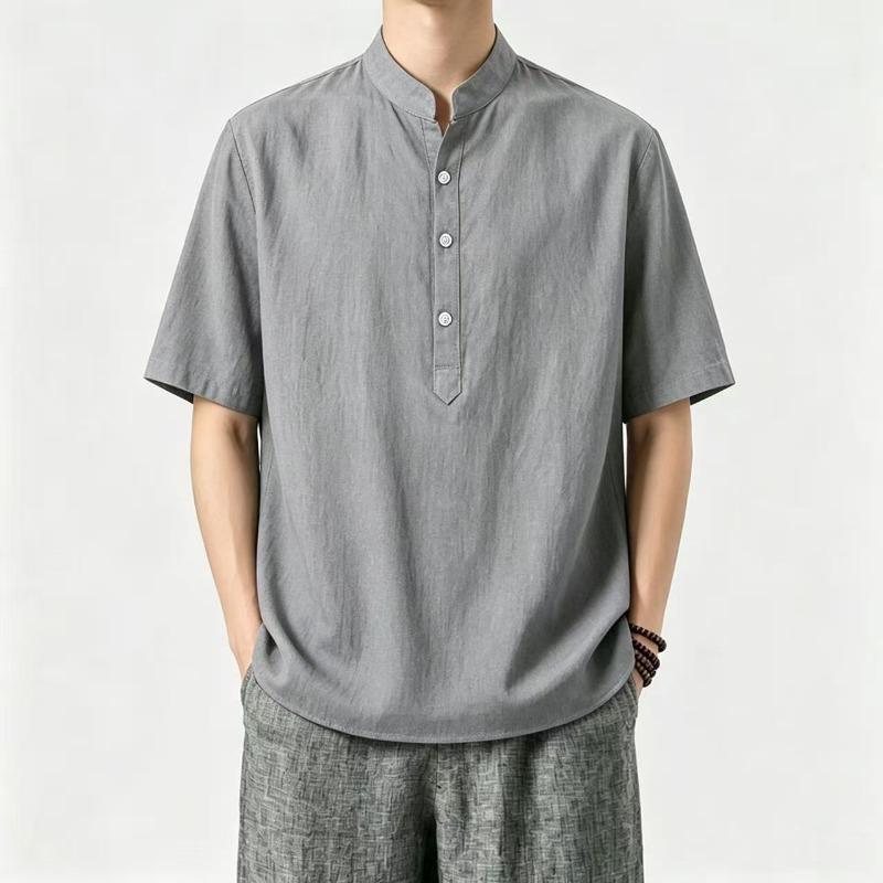 Mens Chinese Style Cotton Linen Stand Collar Short Sleeve Shirt