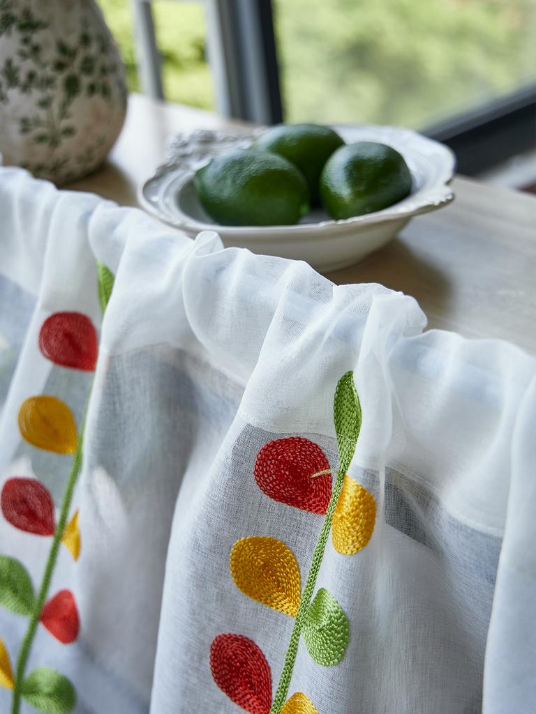 Leaves Short Sheer Tier Curtains Green Leaf Embroidery Kitchen Half Curtain Rod Pocket