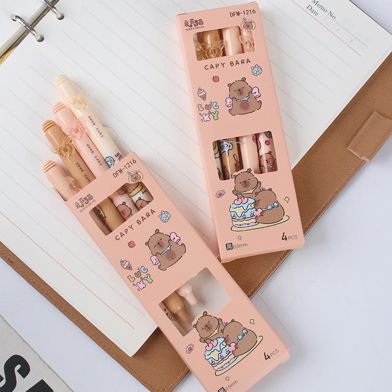 4Pcs Cartoon Capybara Press Black Ink Gel Pen School Stationery Supplies Quick-Drying Pens School Office Student Stationery Gift