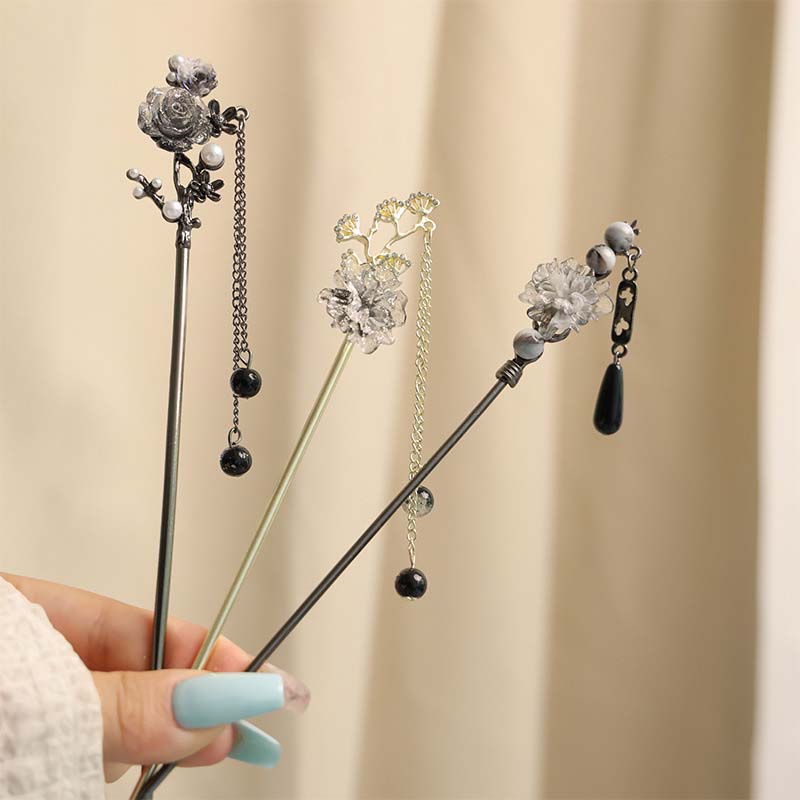Bastoncino per Capelli con Nappa a Fiore d'Inchiostro in Metallo Vintage per Donne Moda Perline Rotonde Frangia Fermaglio per Capelli Hanfu Gioielli per Capelli Accessori