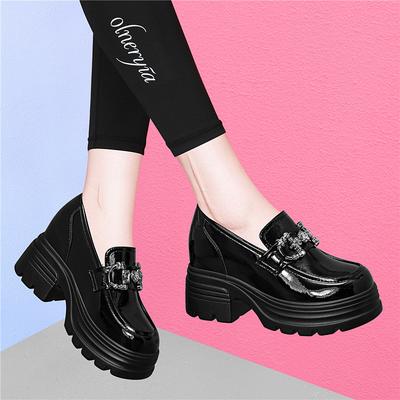 Loafer Damen Herbst und Winter neu Ein-Pedal Einzelne Schuhe Schwarz Kleine Lederschuhe Plateau Hoher Absatz Vielseitig Damenschuhe