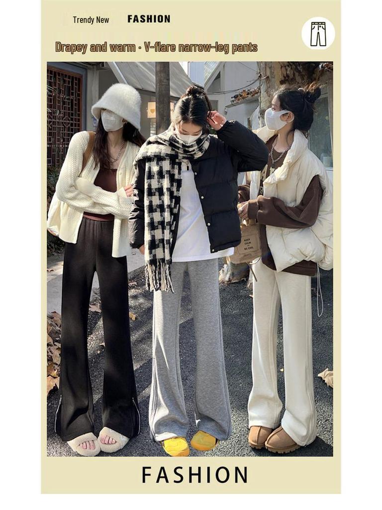 Women's Slimming High-Waist Fleece Lined Micro Flare Yoga Pants with Zipper - Autumn/Winter Trend