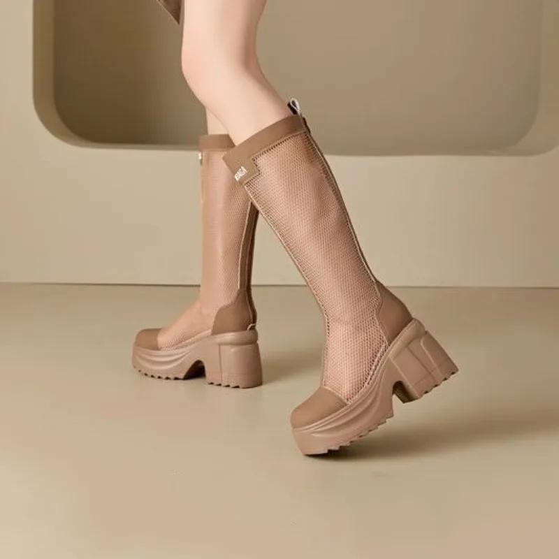 Fashion 10cm Genuine Leather Fashion Knee High Booties Breathable Platform Wedge Hollow Breathable ZIP Sandals Hidden Heels Shoes