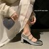 2024 new square head rhinestone buckle with thick heel Mary Jane patent leather single shoes women's wedding shoes with shallow mouth