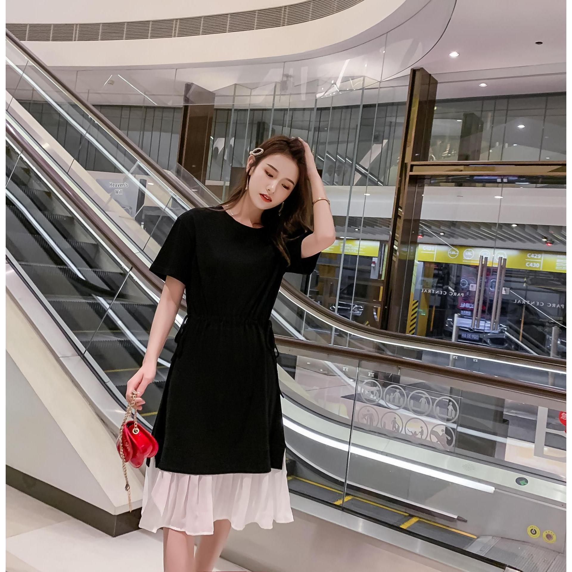 

2026 Korean Style Summer Lace-Up Two-Piece Patchwork Dress 3XL чорний