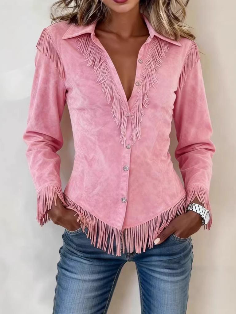 Women's Pink Suede Tassel Jacket - European & American Slim Lapel Coat for Autumn/Winter