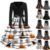 Womens Casual Halloween Print V Neck Vintage Dress Long Sleeve A Line Retro Style Midi Dress with Waist Tie