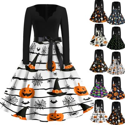 Damen Lässiges Halloween-Print V-Ausschnitt Vintage Kleid Langarm A-Linie Retro-Stil Midi-Kleid mit Taillenband
