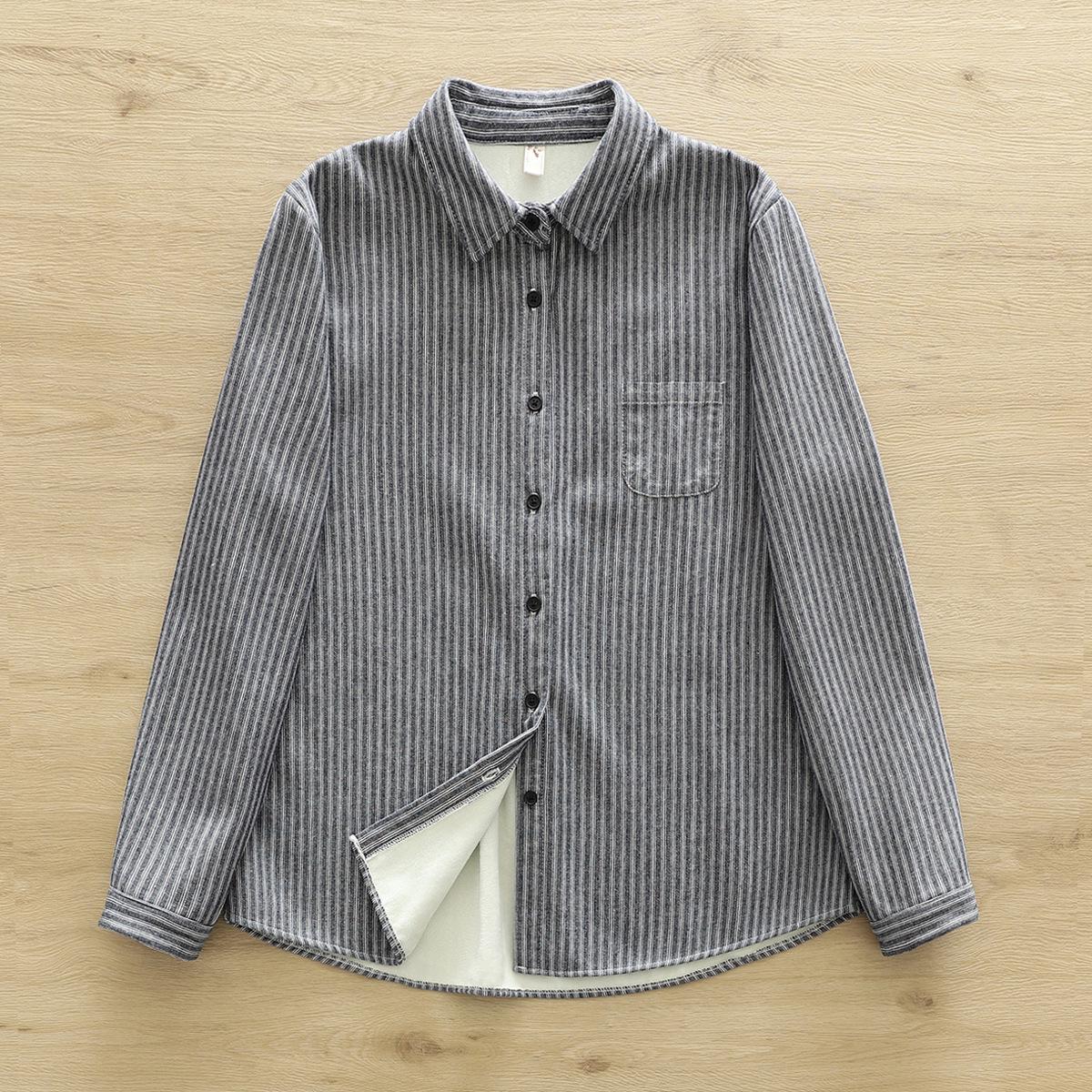 2025 Winter Women s Korean Style Striped Pure Cotton Plus Velvet Thickened Long Sleeve Shirt S 100-110 lbs