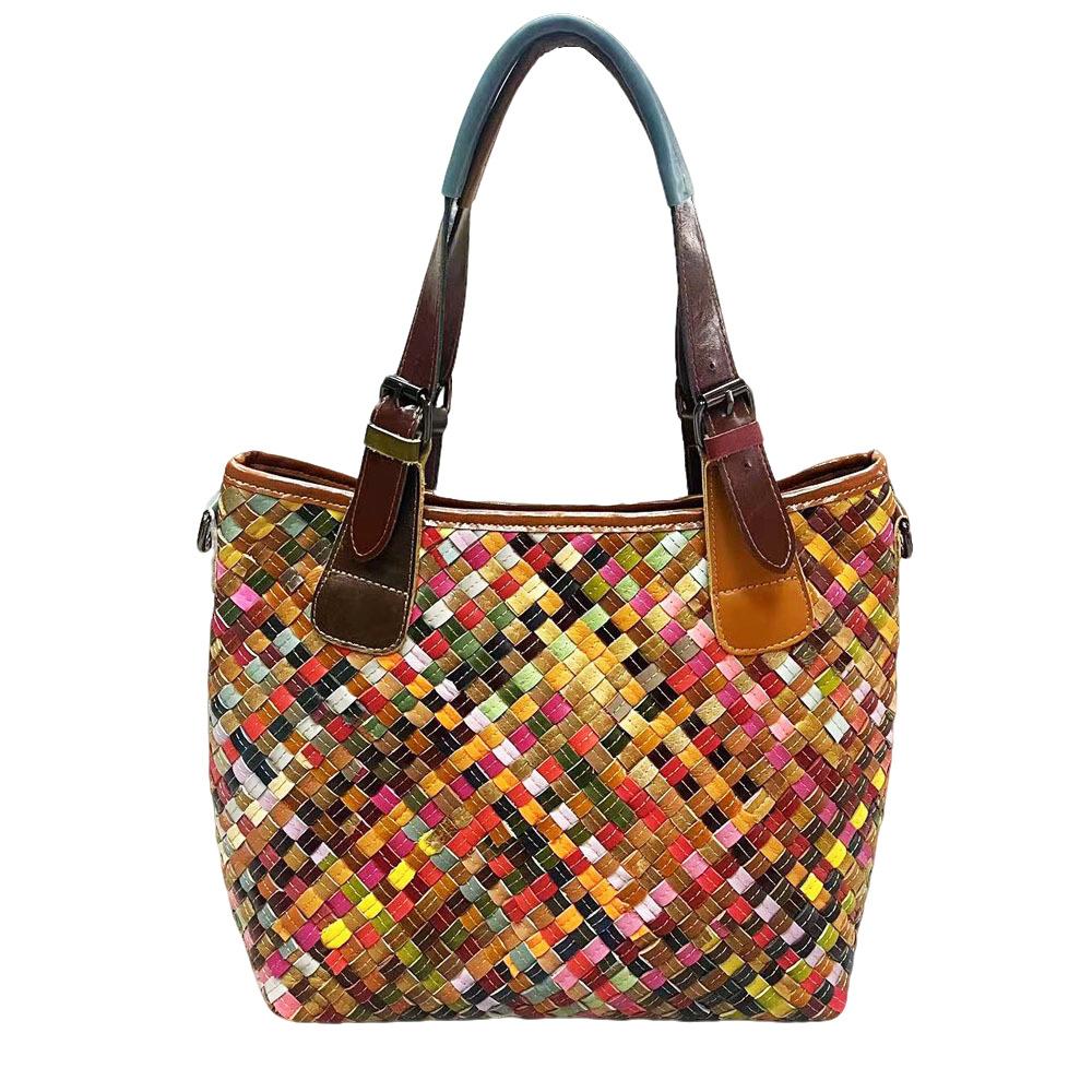 Damvävd väska i äkta läder Etnisk stil Handsydd Färgsprakande koskinn Handväska Axelremsväska