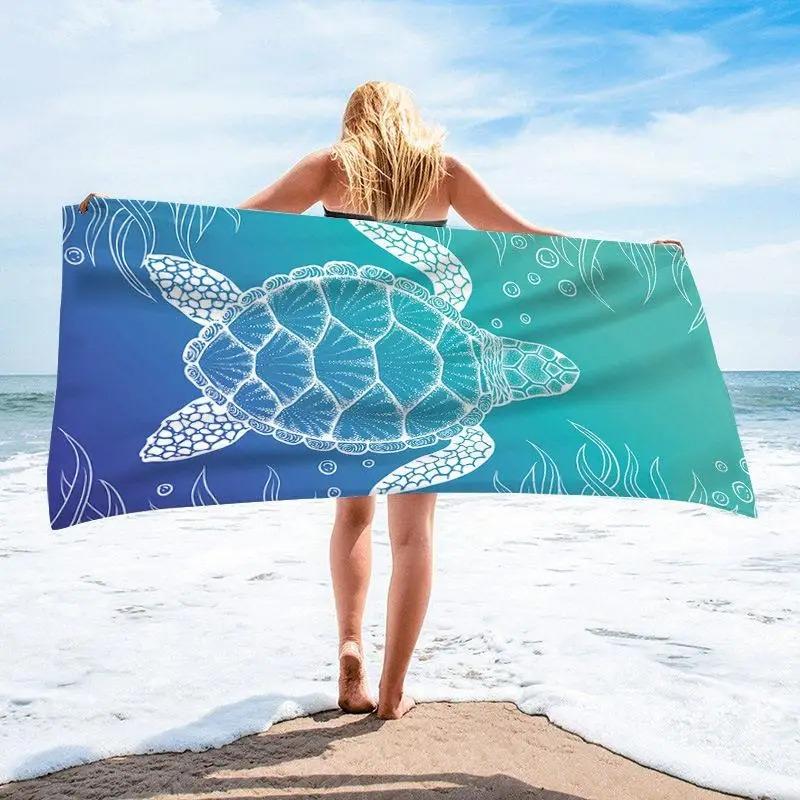 Bohemian Meeresschildkröte Strandtuch Farbverlauf Blau Mikrofaser Schnelltrocknend Sandfrei Weiches Badetuch Für Reise Yoga Camping