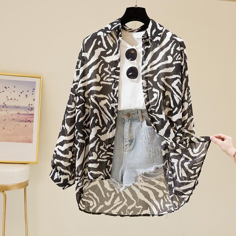 New Summer Zebra Pattern Women's Style Retro Top Mid-length Long Sleeve Thin Chiffon Shirt