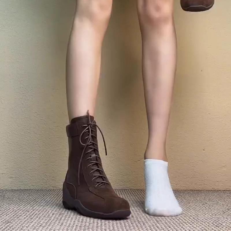 

Кожаные ботинки Мартин Ruoji женские 2025 новые в ретро-стиле коричневая замша боковая молния подошва-маффин ремешок боксерские ботинки 40 темно-коричневого