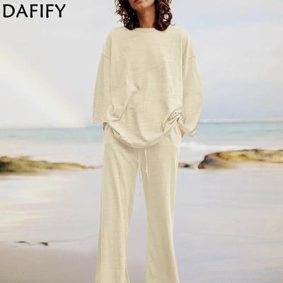 Damenmode Casual Frühling Herbst Einfarbig Druck Langarm O-Ausschnitt Hosen Hosen Anzüge