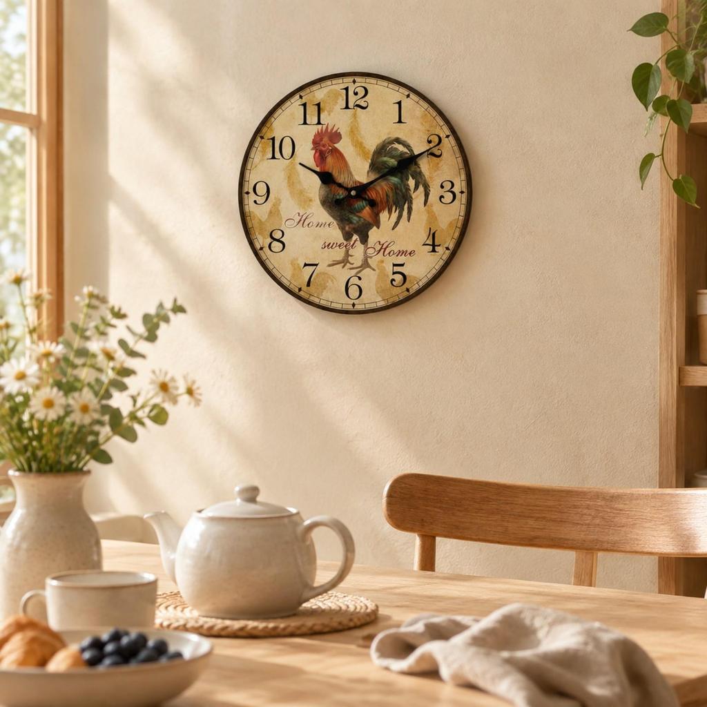 Decorative Wall Clock with Cockerel Illustration Accurate Time for Kitchen