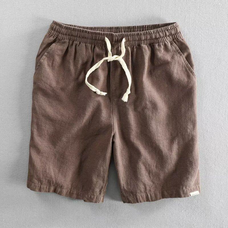 Summer Light and Thin Ramie Shorts Solid Color Simple Elastic Drawstring Cotton Beach Casual Loose Five-point Pants Men