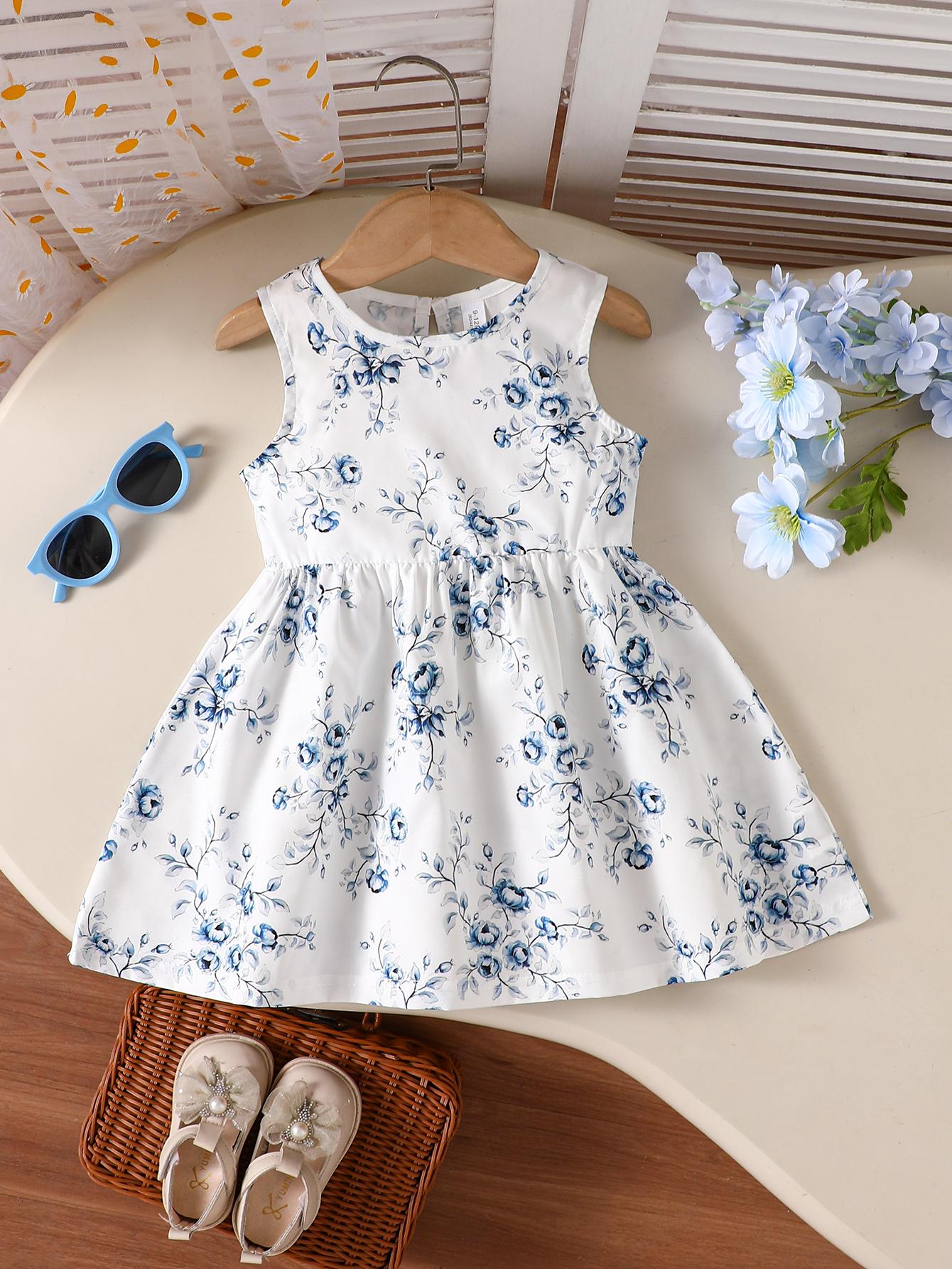 Girls Sleeveless Blue Floral Print Summer A Line Dress 80 аэро