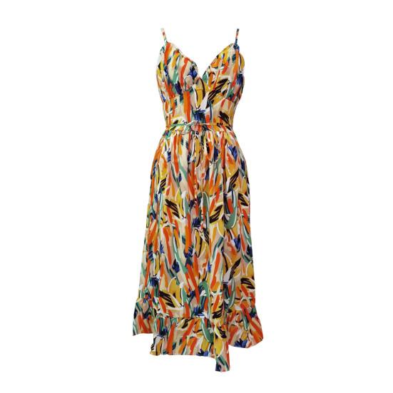 Summer Beach Dress V Neck Sleeveless Spaghetti Strap Shirring Backless Colorful Print Back Zipper Strappy Waist Vacation Sundress Holiday Slip Dress