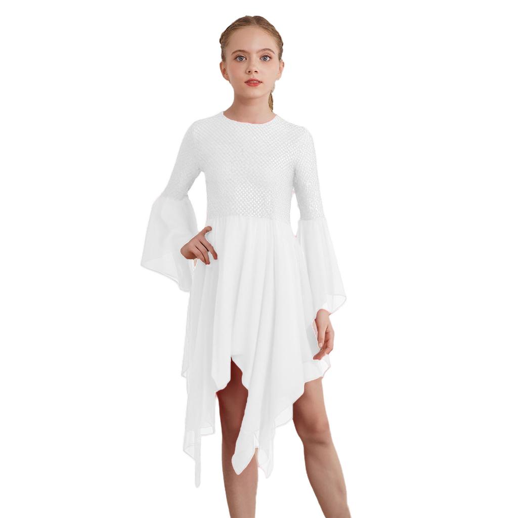 Girls Liturgical Dance Dress Shiny Sequins Patchwork Round Neck Flared Sleeve Asymmetrical Hem Performance Tunic