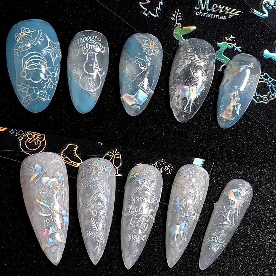 10pcs 3D Nail Art Stickers, European and American Christmas Series Snowflake Bells Moose Laser Nail Stickers, Hundreds of Nail Decorations