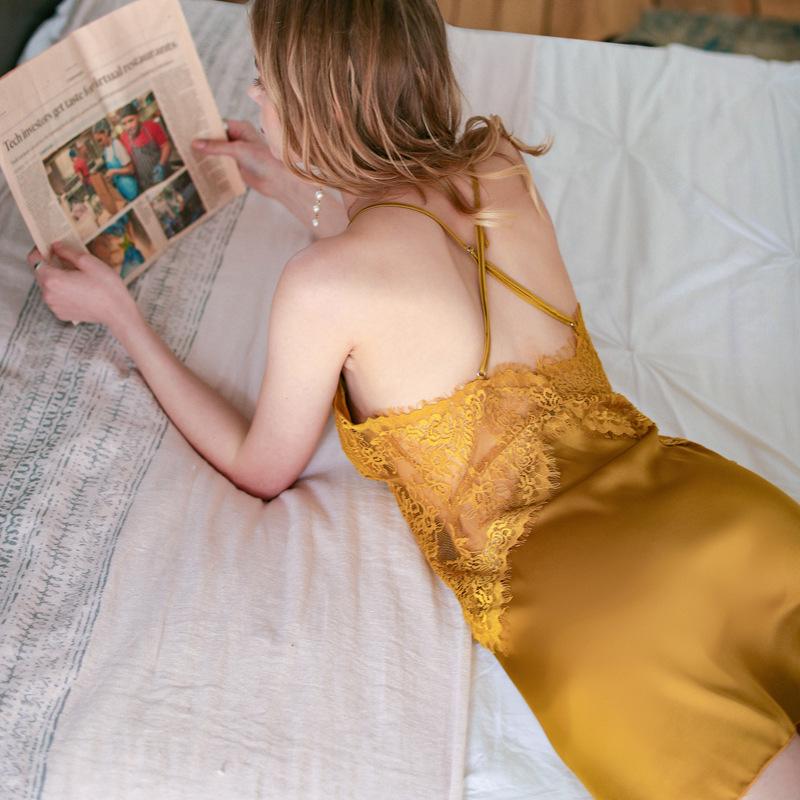 Pure Desire Ice Lace Camisole Pajamas with Chest Pads - Sexy Nightgown for Women, Autumn Winter Collection