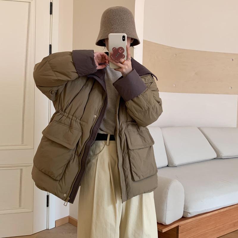 

Knitted splicing down jacket women s 2025 winter fashion waist, thin and warm white duck down contrasting color lapel jacket tide S хаки