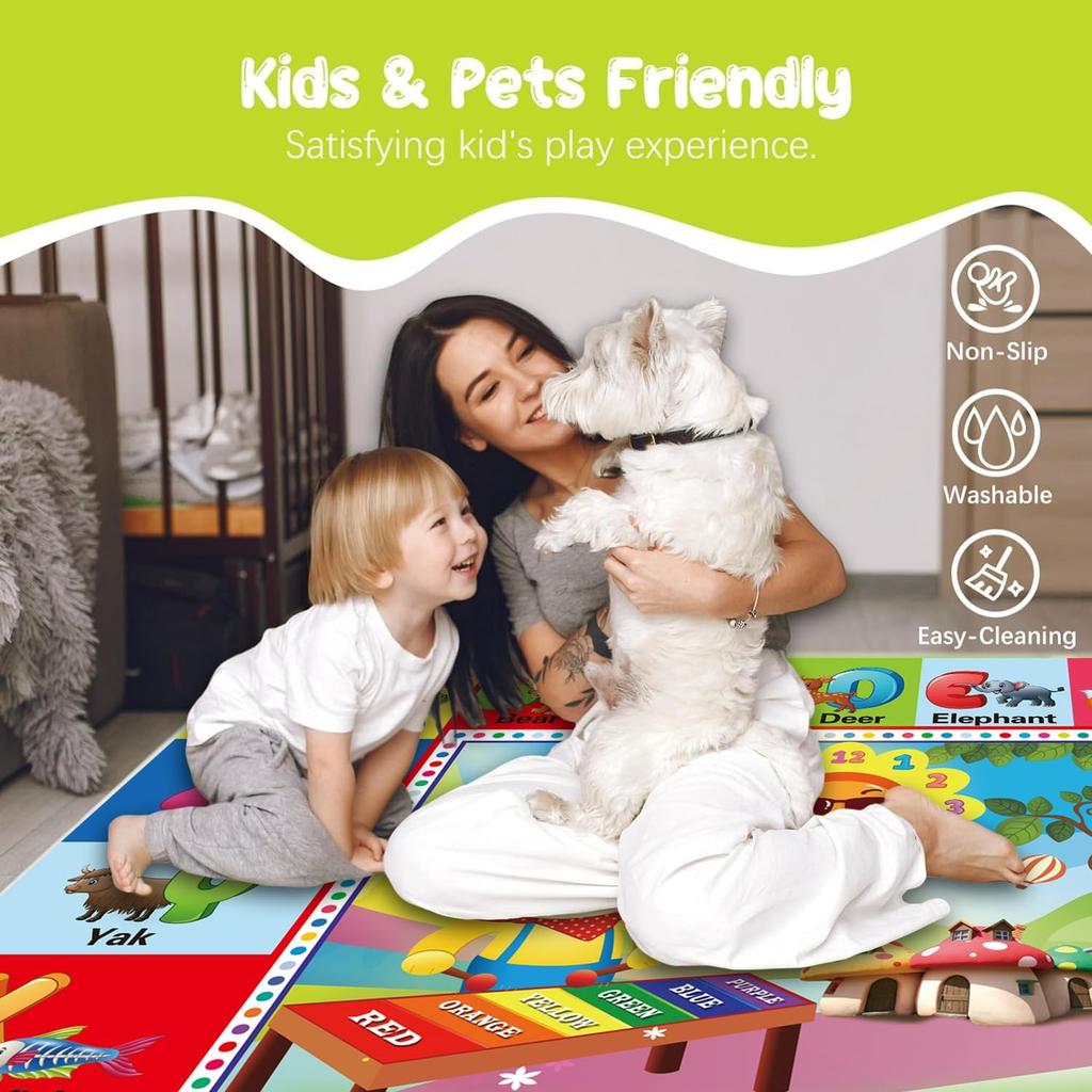 ABC Alphabet Play Rug for Kids, Educational Floor Mat with Numbers and Animals, Toddler and Preschool Learning Carpet